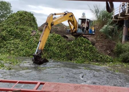 پاکسازی مسیر زیر پل نهنگ روگا پس از انسداد ناشی از تجمع سنبل آبی در تالاب انزلی