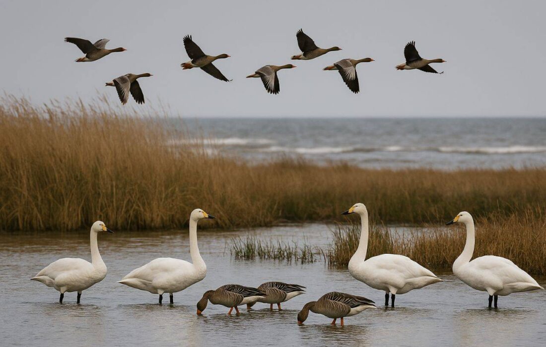 ورود نخستین گروه قوها و غازهای مهاجر به پارک ملی بوجاق / آغاز فصل زمستان‌گذرانی پرندگان در تالاب‌های گیلان